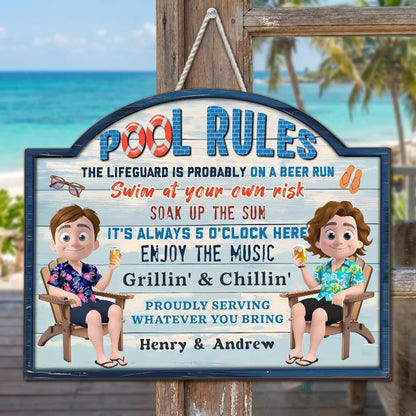 Funny Wooden Sign with Swim at Your Own Risk Pool Vibes, Custom Creative Gift for Friends & Couples