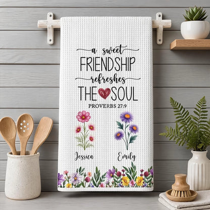 Personalized Kitchen Towel with Watercolor Flowers and Friendship Quote, Unique Gift for Kitchen Decor and a Close Friend