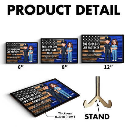 Personalized 2-Layer Wooden Plaque with Cute Cartoon Police Officer & Nurse on Thin Blue Line Flag - Unique Gift for Couples