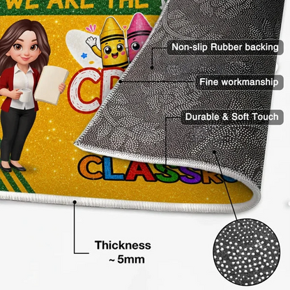 Personalized Standard Doormat, Teacher Holding Papers & Colorful Crayons, Unique Classroom Gift