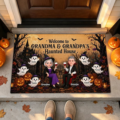 Personalized Standard Doormat, Seated Grandparents in Warm Orange Haunted House, Unique Halloween Gift for Grandparents