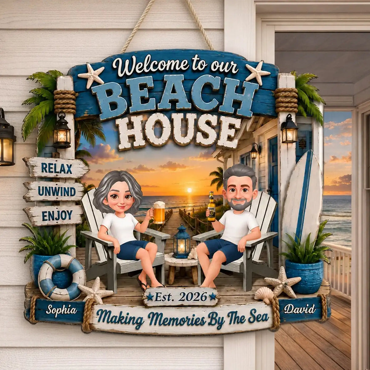Personalized Wooden Sign, Sitting Couple Beach Sunset, Welcome to Our Beach House Unique Gift For Couple