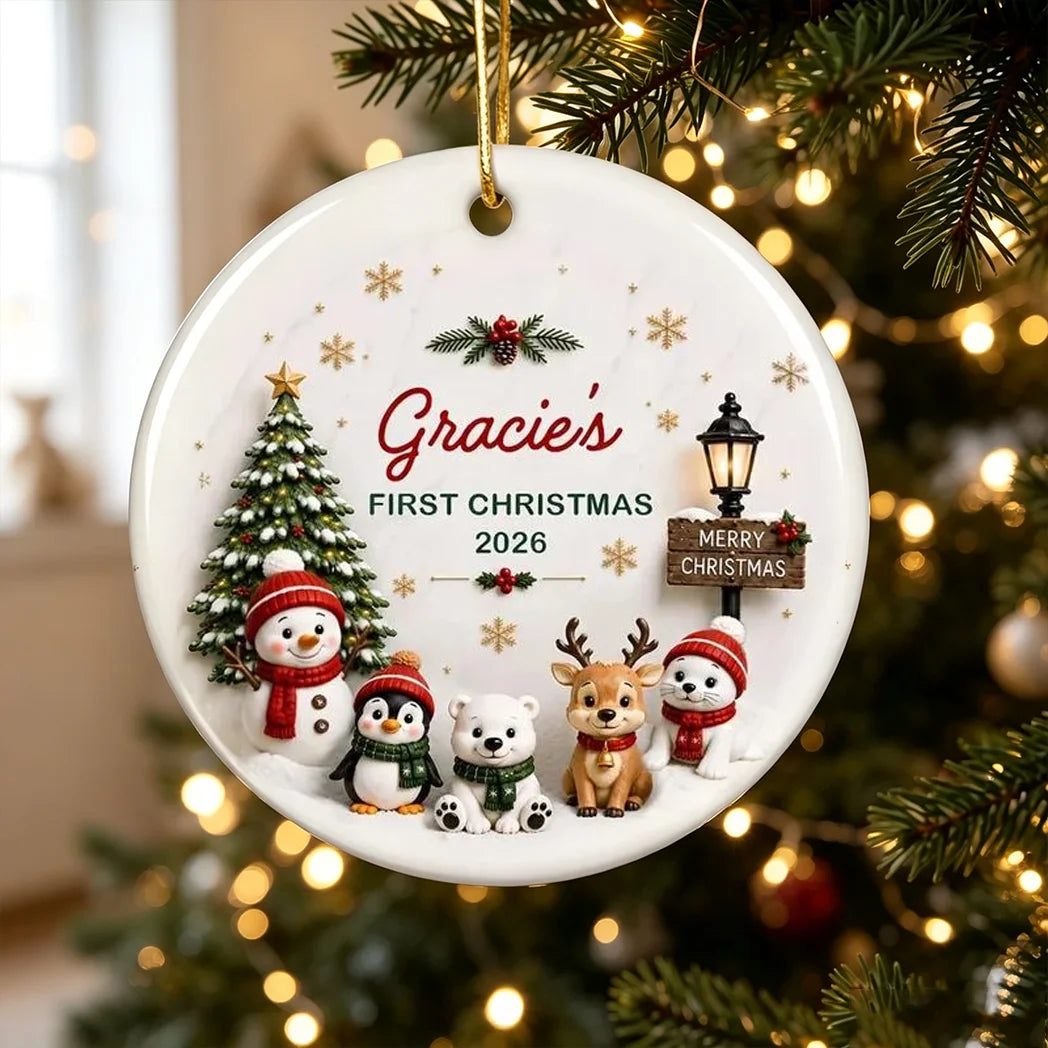 Personalized Ceramic Ornament, Cute Winter Friends Baby's First Christmas Keepsake, Unique Gift for New Parents