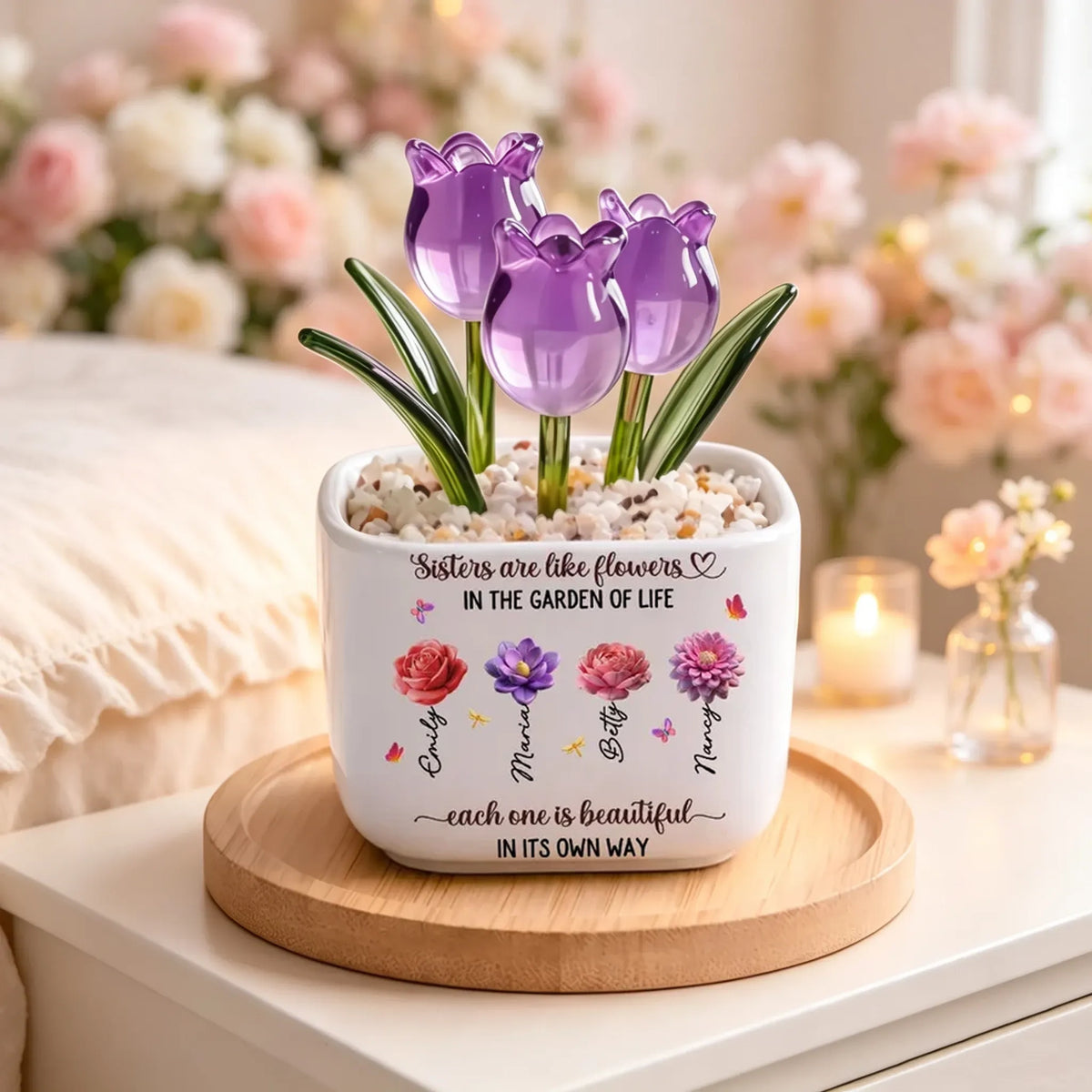 Square Glass Planter with Sisters Are Like Flowers Quote, Unique Creative Gift for Sister