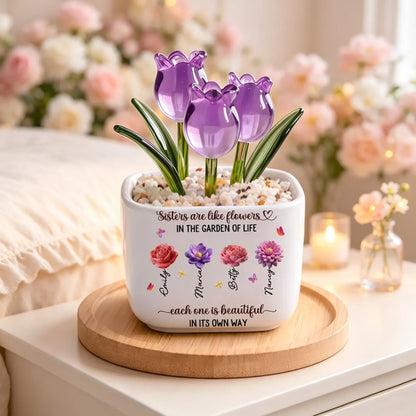 Square Glass Planter with Sisters Are Like Flowers Quote, Unique Creative Gift for Sister