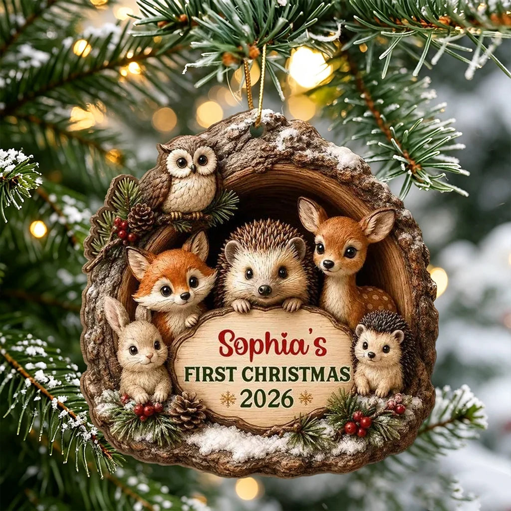 Personalized Wooden Ornament, Woodland Animals in a Snowy Pine Scene, Unique First Christmas Gift for Baby
