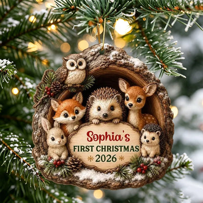 Personalized Wooden Ornament, Woodland Animals in a Snowy Pine Scene, Unique First Christmas Gift for Baby
