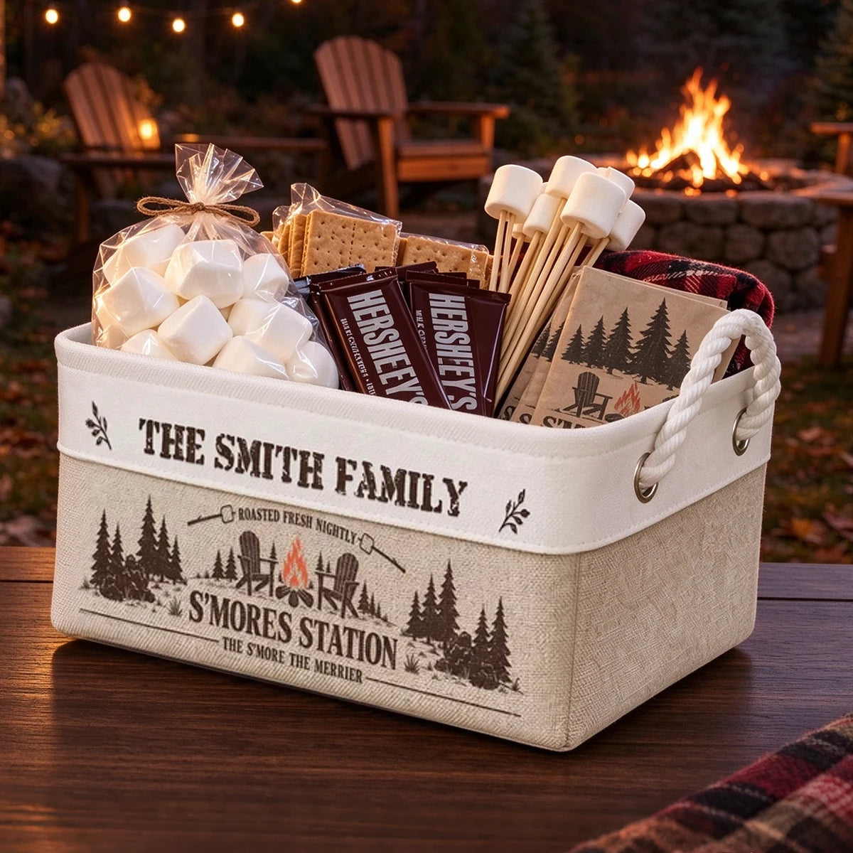 Cotton Linen Rope Basket, Personalized Family Campfire Storage, Unique Gift for Cozy S'mores Nights