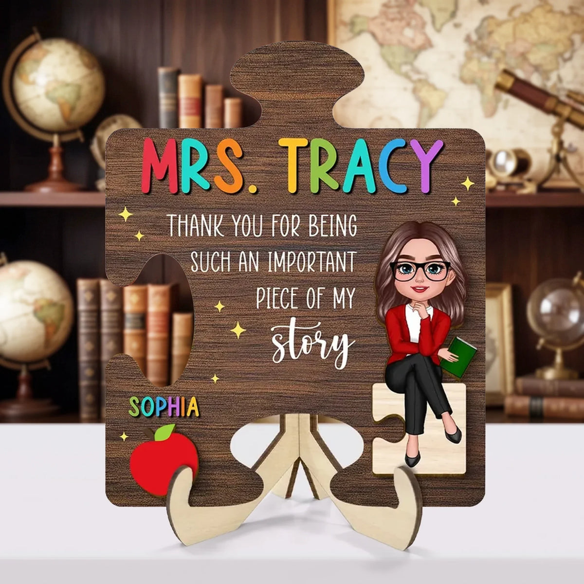 Personalized Teacher 2-Layer Wooden Plaque, Puzzle Piece Unique Gift With Cartoon Teacher, Apple And Book