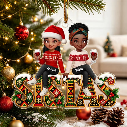 Personalized Acrylic Ornament, Sistas Holding Hands in Festive Sweaters, Unique Christmas Gift for Sisters