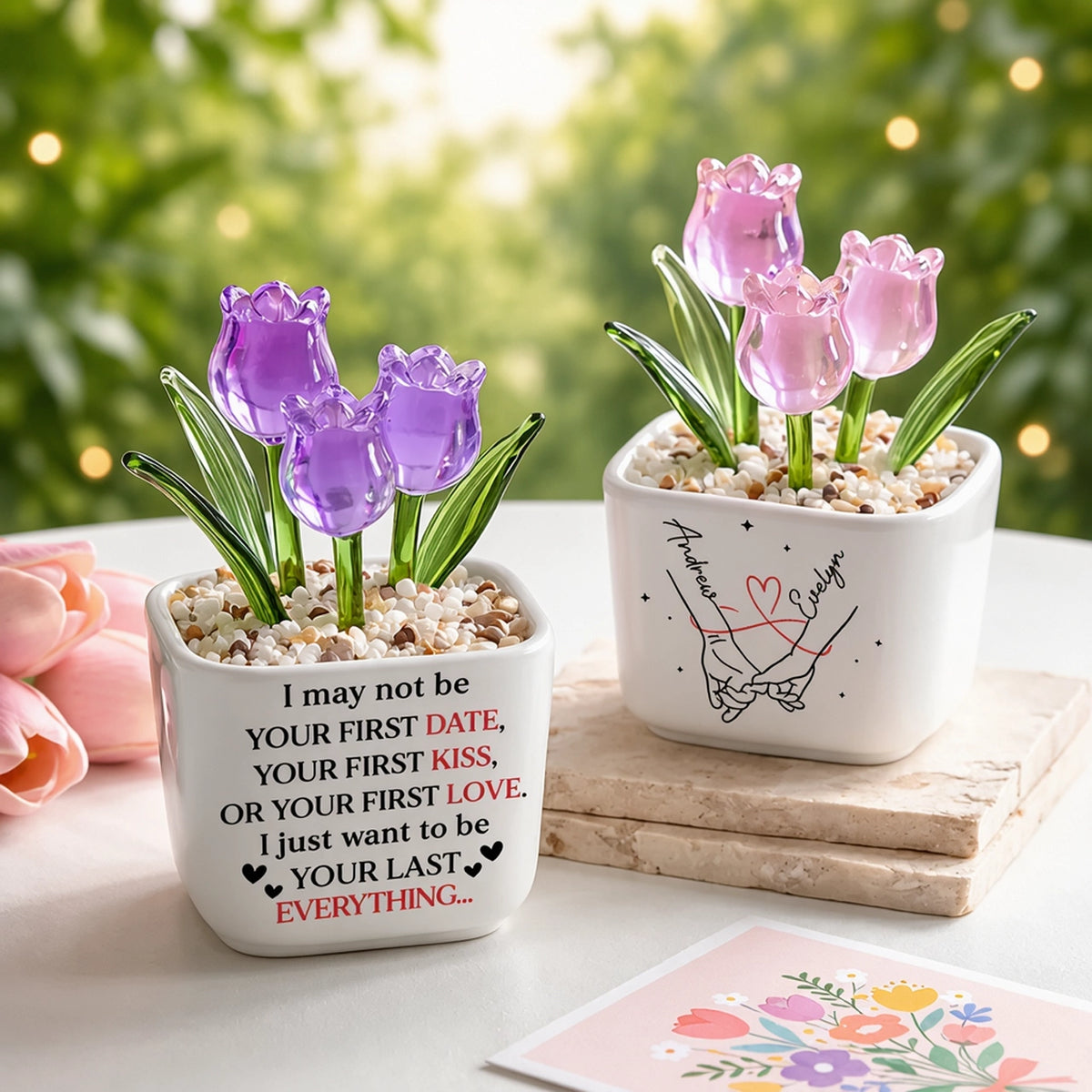Custom Square Glass Planter with Pink Tulips, Romantic Couple Keepsake, Creative Gift for Wife or Husband