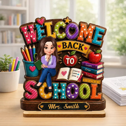 Personalized 2-Layer Wooden Plaque, Colorful Welcome Back to School Teacher Desk Decor, Unique Gift