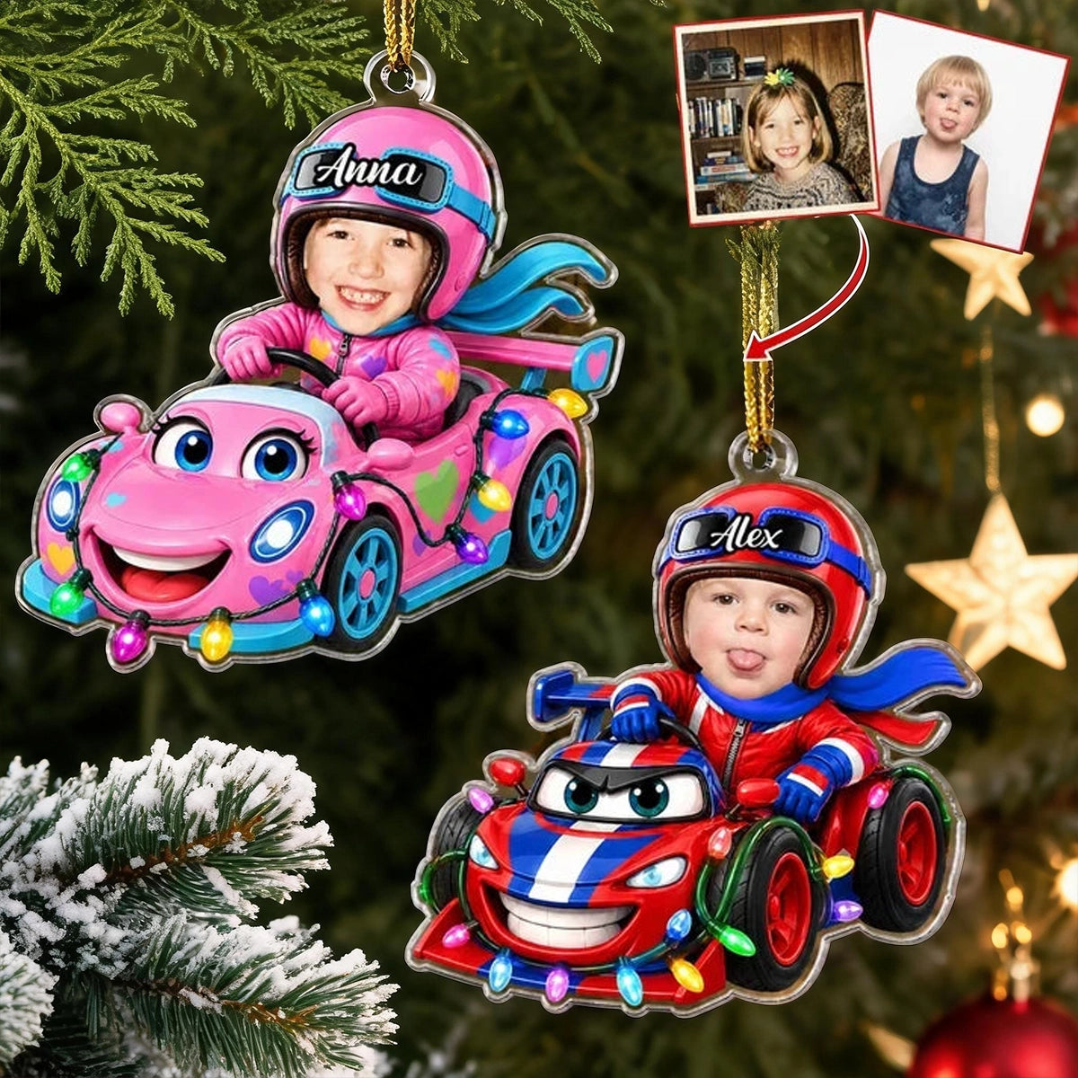 Personalized Acrylic Ornament, Child Racing in a Colorful Cartoon Car, Unique Christmas Gift for Kids