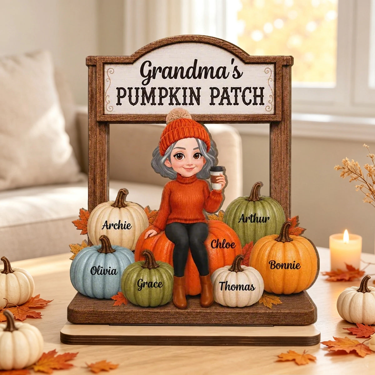 Personalized Grandma's Pumpkin Patch Wooden Plaque, Cartoon Grandma With Coffee, Unique Gift for Grandma