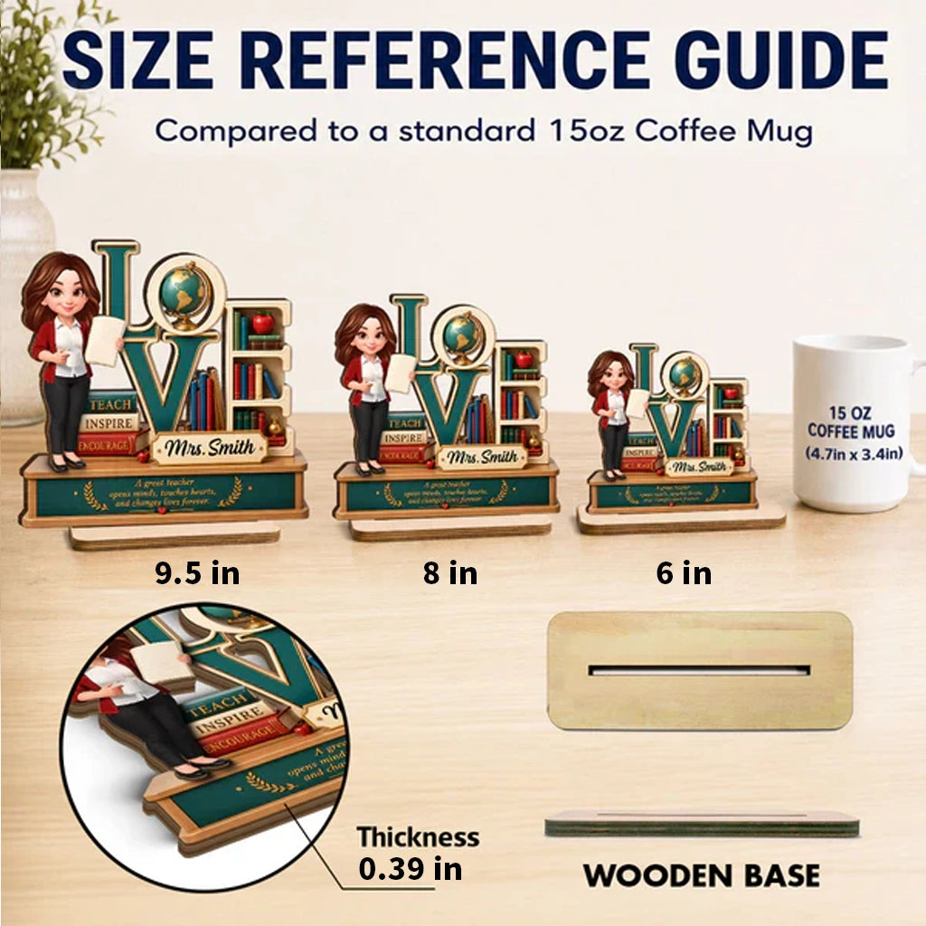 Personalized 2-Layer Wooden Plaque with Standing Teacher, Books & Globe, Unique Teacher Gift