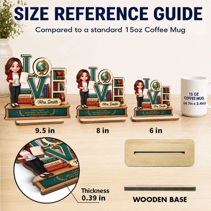 Personalized 2-Layer Wooden Plaque with Standing Teacher, Books & Globe, Unique Teacher Gift