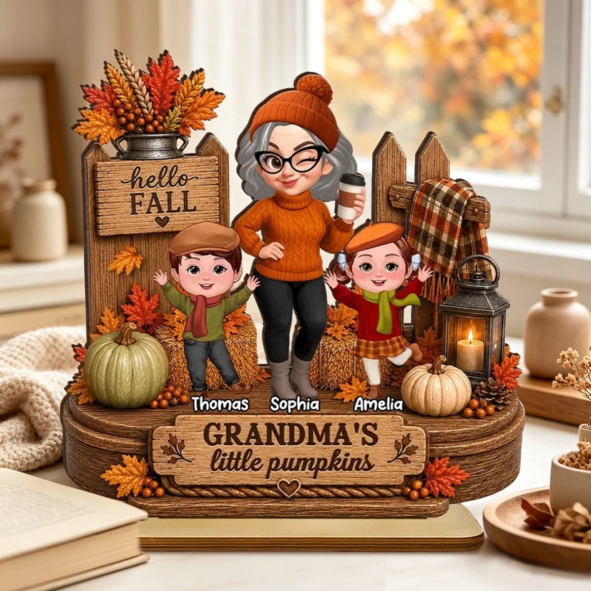 Personalized Wooden Plaque, Winking Grandma With Waving Grandkids in a Fall Scene, Unique Gift for Grandma