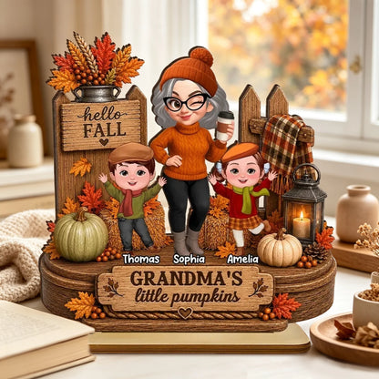 Personalized Wooden Plaque, Winking Grandma With Waving Grandkids in a Fall Scene, Unique Gift for Grandma