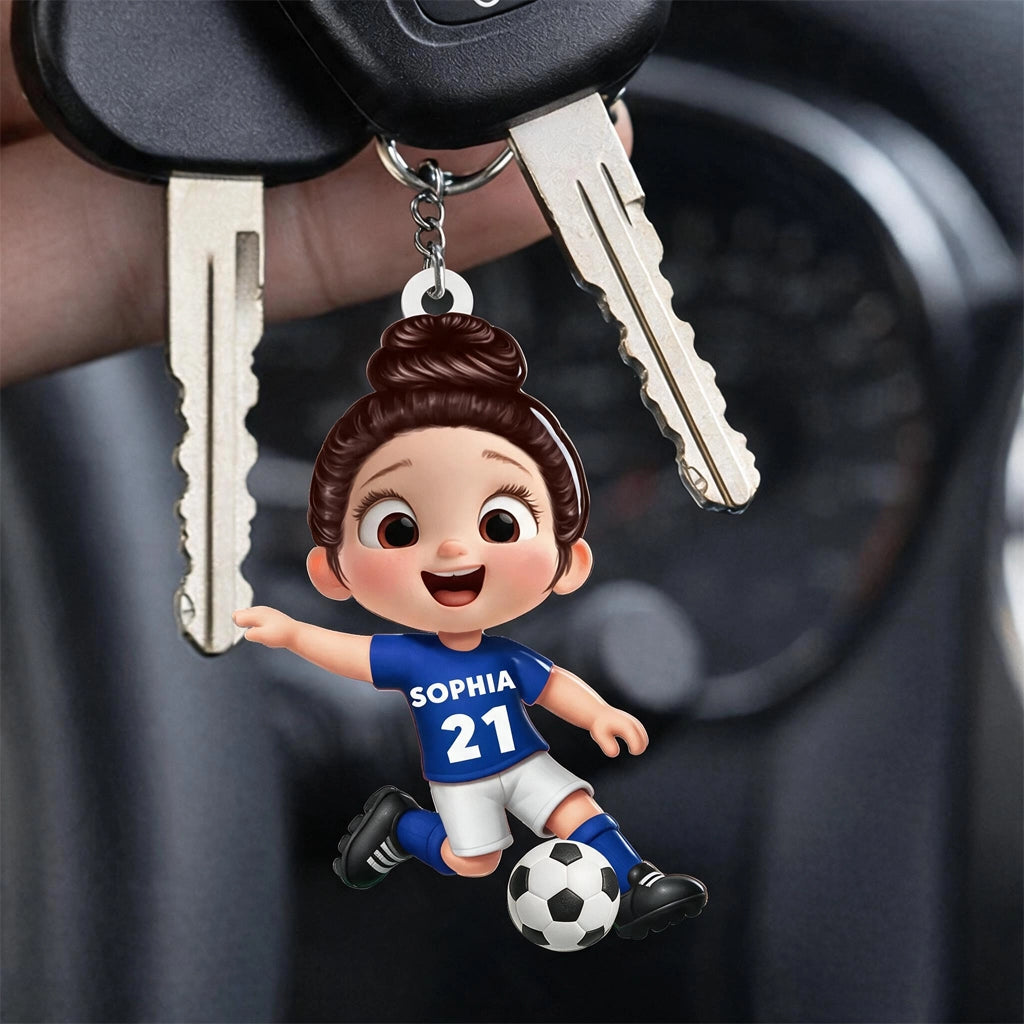 Soccer Kid Acrylic Keychain, Smiling Player With Ball, Unique Gift for Kids & Soccer Fans
