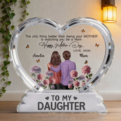 Shaped Acrylic Block Plaque Personalized Keepsake - Mother and Daughter Back Hug, Floral Heart Decor, Creative Gift