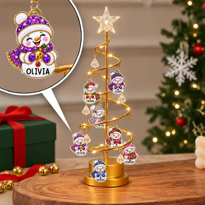 Personalized Spiral Christmas Tree Table Lamp with Snowman Family, Unique Gift for Family