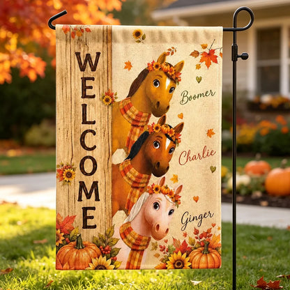 Personalized Garden Flag, Cute Horses Peeking by a Welcome Sign, Creative Fall Gift for Equestrians