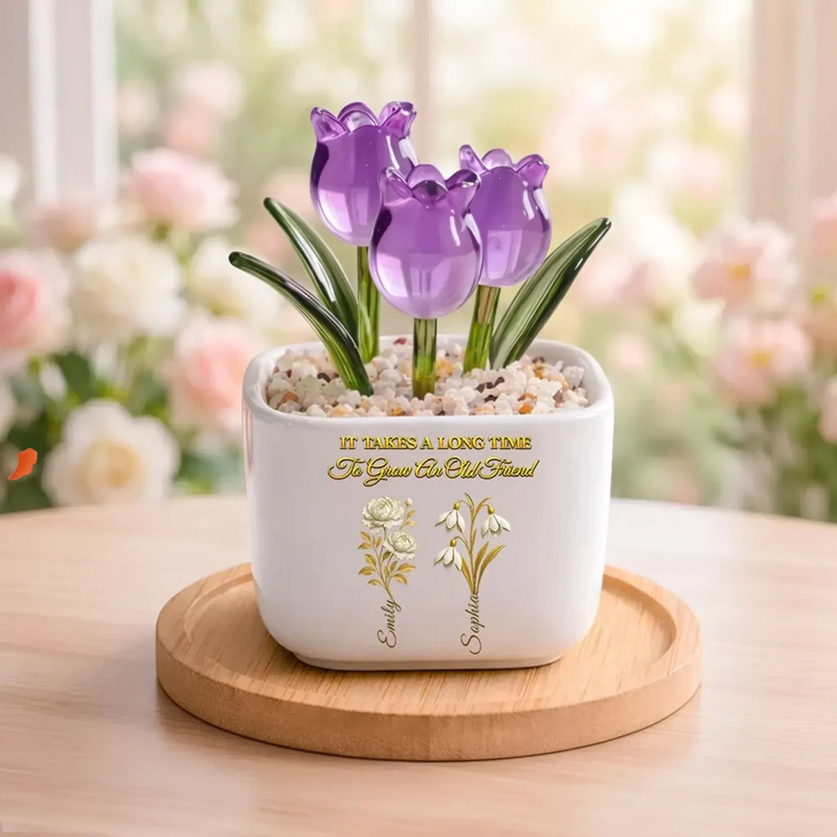 Personalized Square Glass Planter with Purple Tulips, Unique Creative Gift for an Old Friend