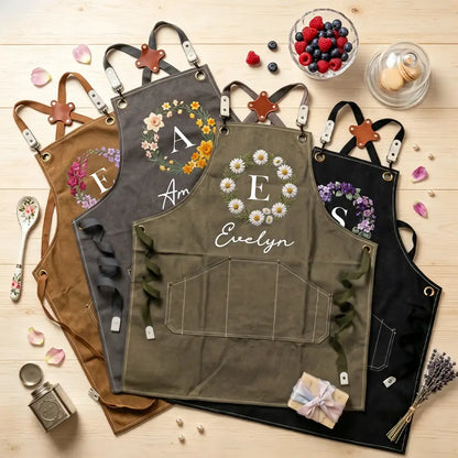 Custom Floral Printed Canvas Pocket Apron for Baking Days, Unique Creative Gift for Gardeners & Friends