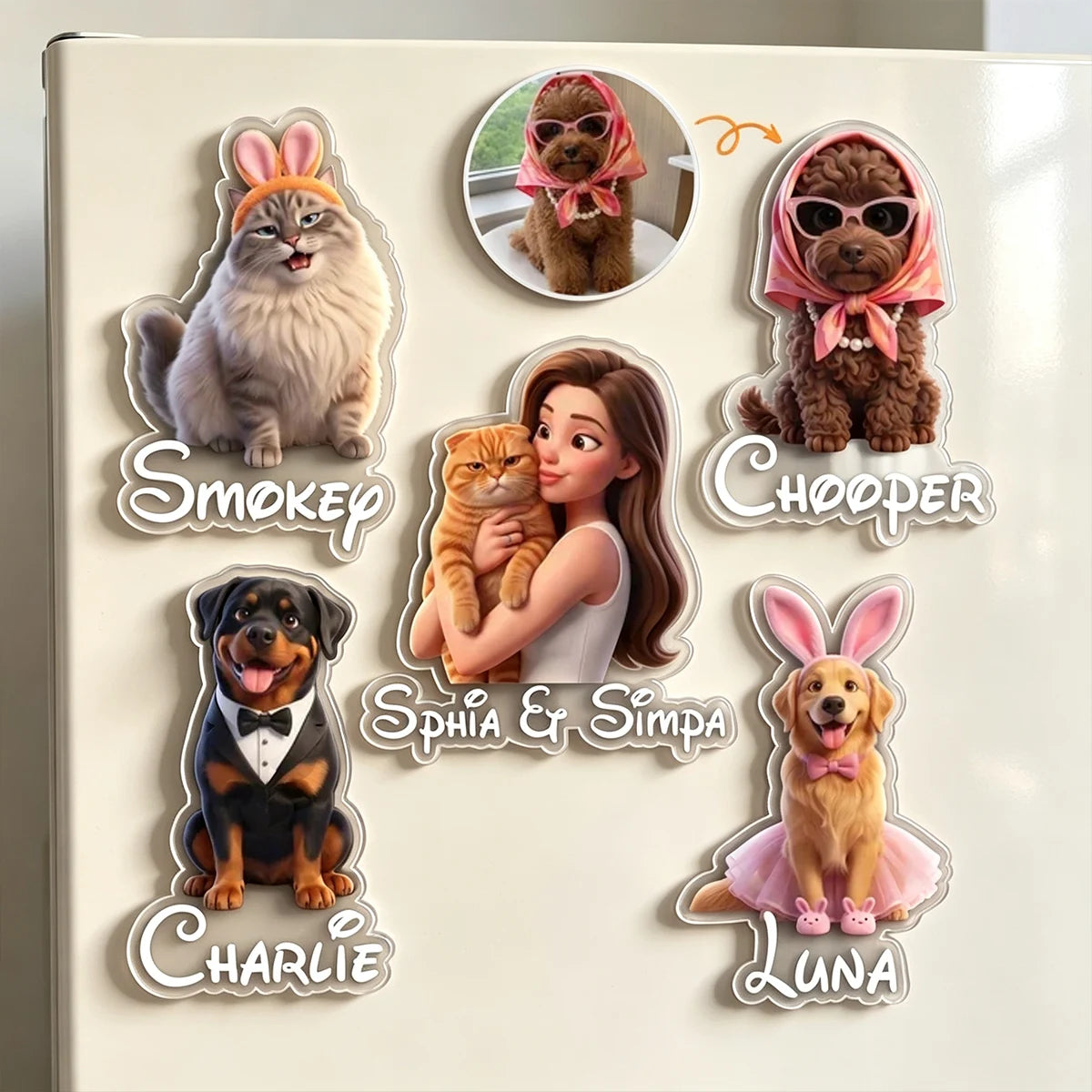 Personalized Acrylic Magnet, Pet Parent Hugging a Cat and Pets in Playful Outfits, Unique Gift for Pet Lovers