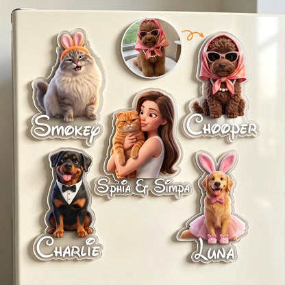 Personalized Acrylic Magnet, Pet Parent Hugging a Cat and Pets in Playful Outfits, Unique Gift for Pet Lovers