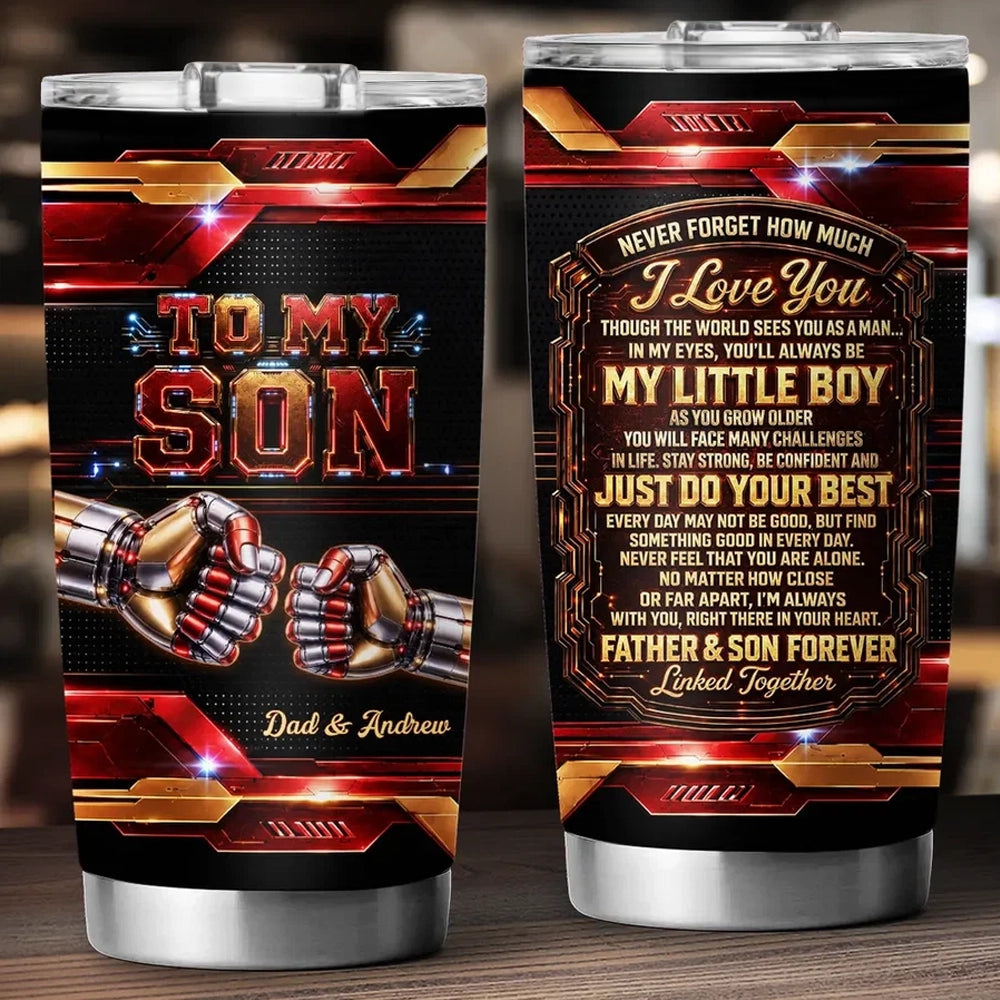 Insulated Travel Tumbler, Robotic Fist Bump Design, Red Gold Keepsake, Unique Gift for Son