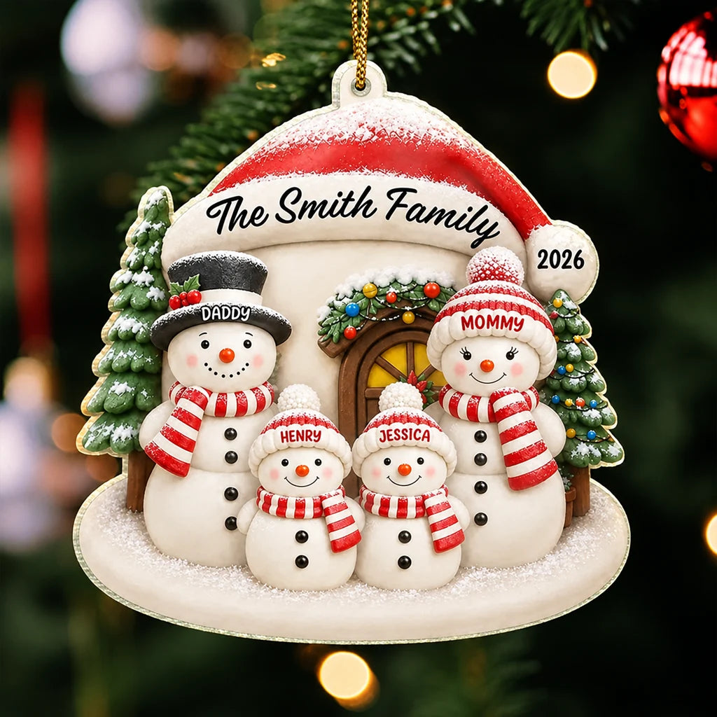Personalized Acrylic Ornament, Cheerful Snowman Family by a Snowy Home, Heartwarming Creative Gift for Parents