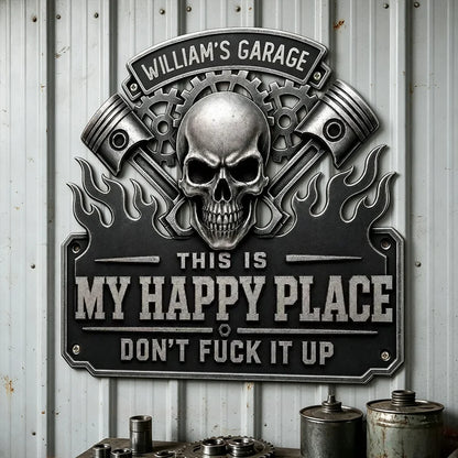 Happy Place Personalized Shaped Metal Sign, Industrial Skull Garage Decor, Creative Gift for Dad
