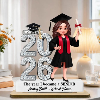 2-Layer Wooden Plaque, Personalized Class of Keepsake with Graduate in Cap and Gown, Unique Graduation Gift