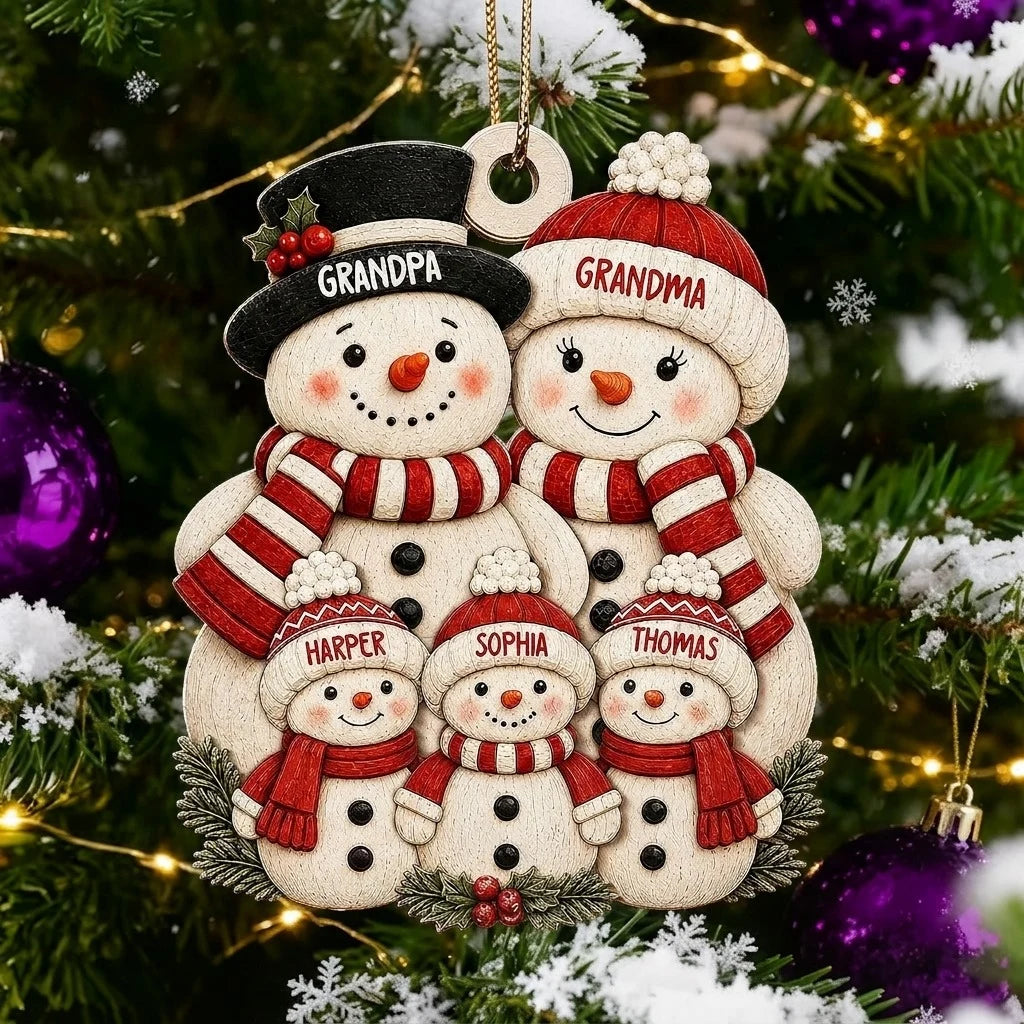 Personalized Wooden Ornament, Snowman Grandparents with Grandkids, Festive Tree Decor, Unique Family Gift