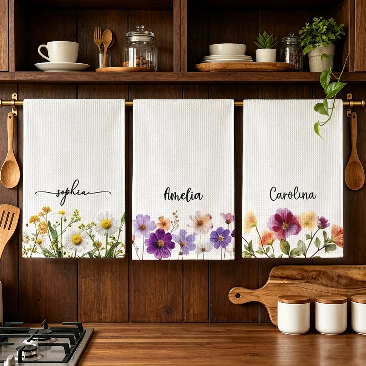 Personalized Kitchen Towel with Watercolor Wildflowers, Heartfelt Creative Gift for Her and Family