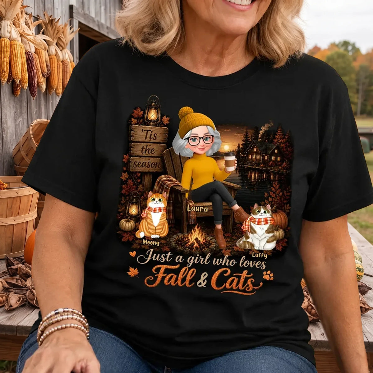 Personalized Classic Tee, Woman With Cats in Cozy Fall Cabin Scene, Unique Gift for Cat Moms