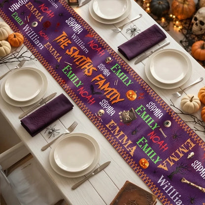 Personalized Table Runner, Purple Halloween Design with Spooky Icons for Dining Decor, Unique Gift for Family
