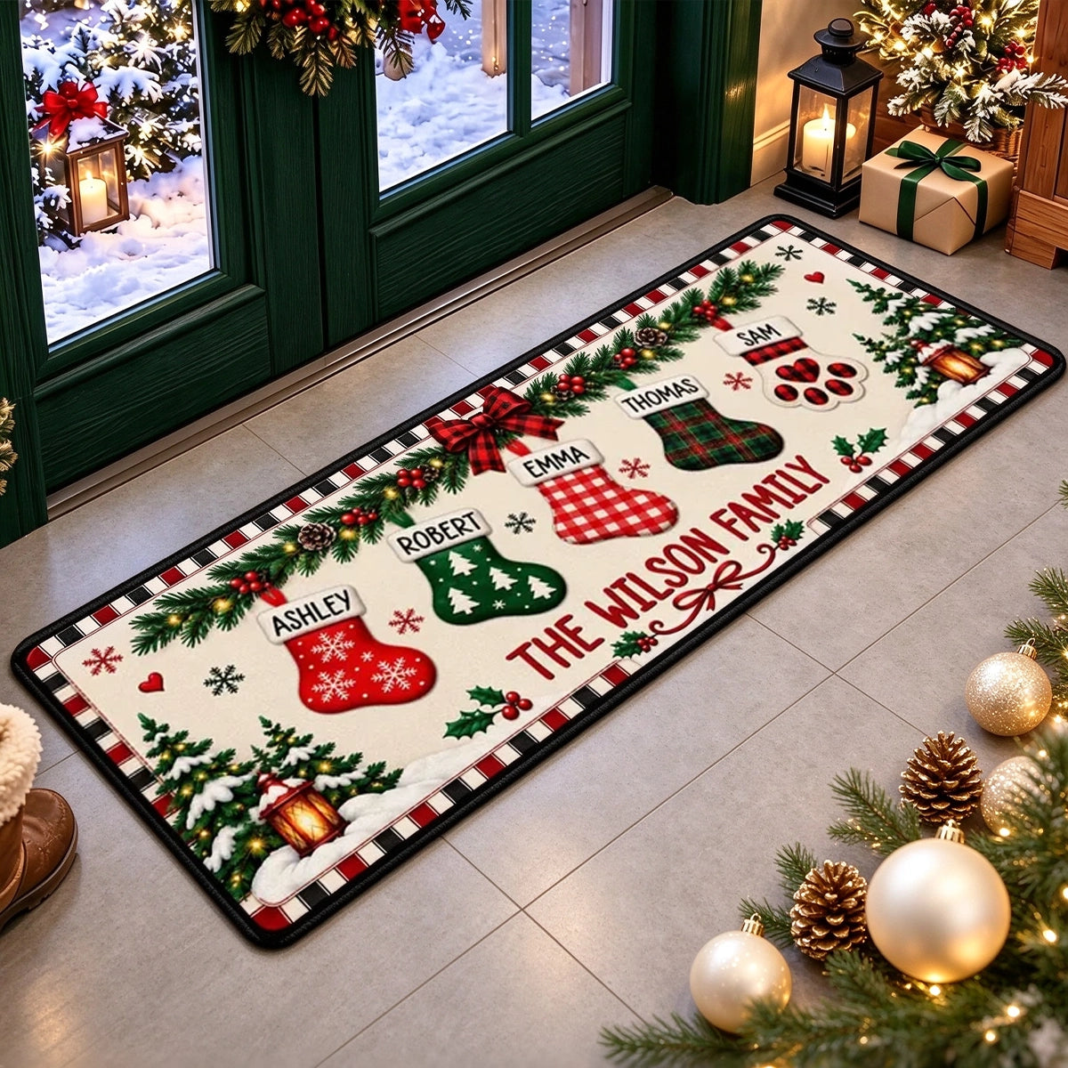 Personalized Premium Doormat with Plaid Christmas Stockings, Festive Entryway Decor, Unique Family Gift