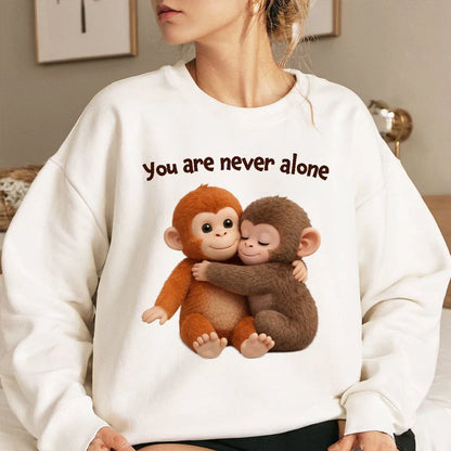 Personalized Classic Tee with Hugging Baby Monkeys You are never alone Quote - Unique Cute Gift for a Best Friend