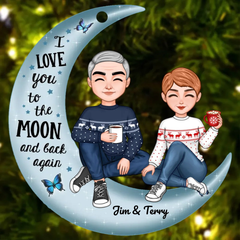 Couples Gifts - Gift For Husband and Wife - Christmas Doll Couple Sitting On Moon Personalized Ornament