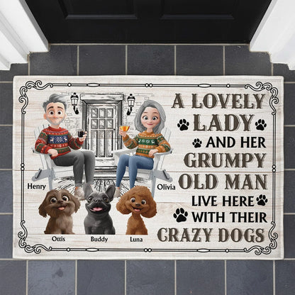 Custom Dog Lover Standard Doormat with Cartoon Couple & Crazy Pups - Personalized Housewarming Gift for Porch or Indoor Entryway