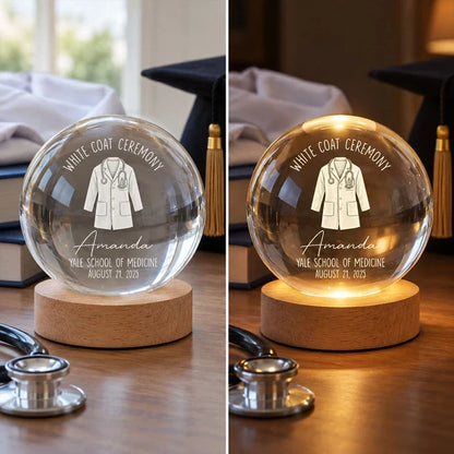 Personalized Globe Lamp with White Coat Illustration, Warm Amber Keepsake, Unique Gift for Future Doctor