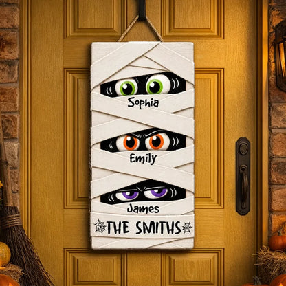 Personalized Mummy Family Wooden Sign, Peeking Eyes Halloween Door Decor, Unique Gift for Family