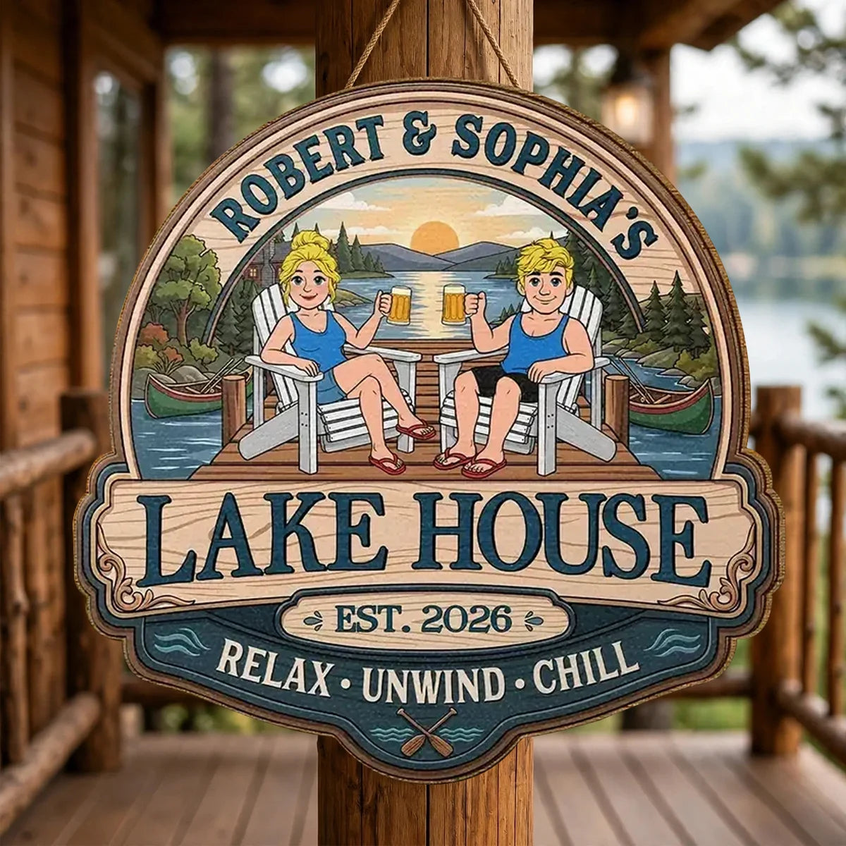 Personalized Wooden Sign, Relax Unwind Chill Sunset Lake Scene, Creative Gift for Couples
