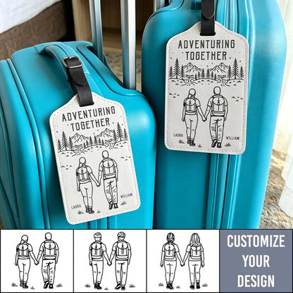 Personalized Leather Luggage Tag, Adventuring Together Couple Travel, Unique Creative Gift