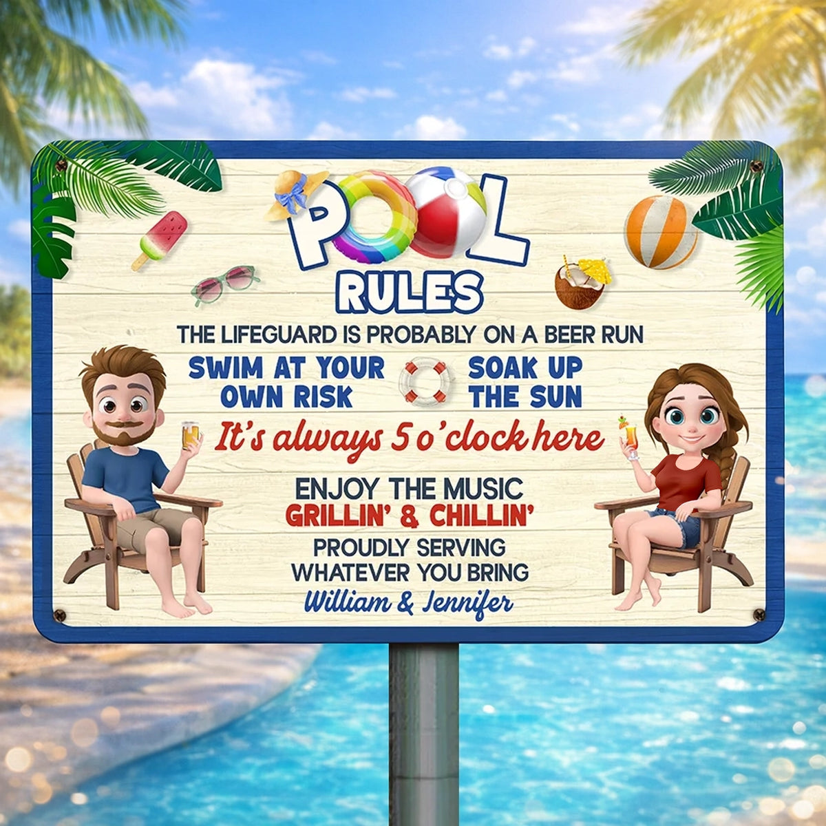 Personalized Pool Rules Rectangular Iron Sign for Backyard Pool Decor, Funny Summer Vibes, Unique Gift for Couples