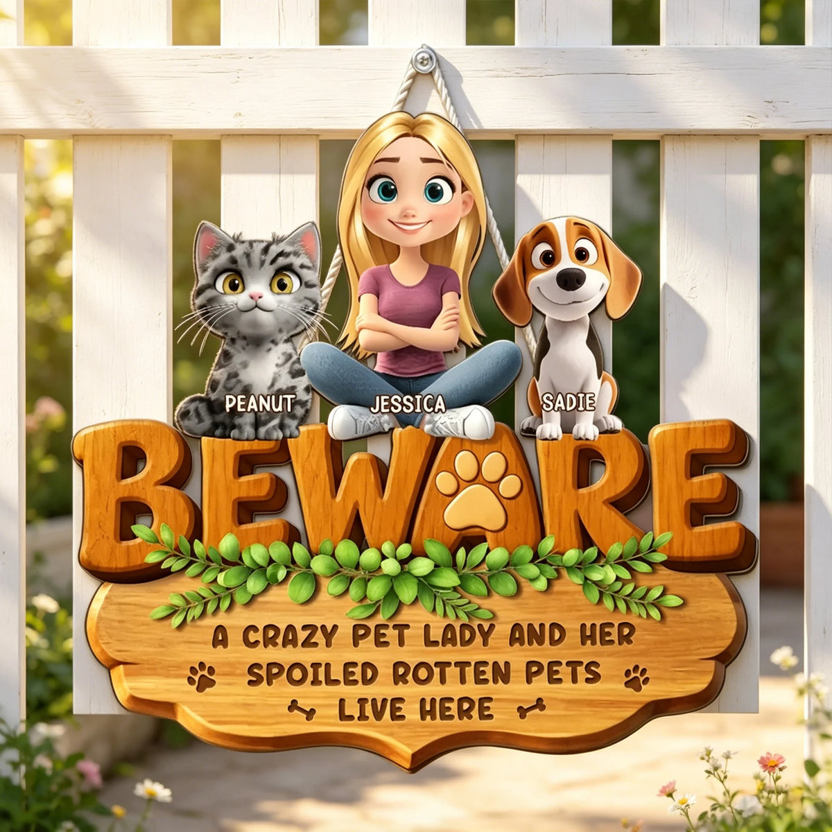Beware Pet Lady Wooden Sign, Custom Cat & Dog Home Decor, Unique Creative Gift for Dog & Cat Lover