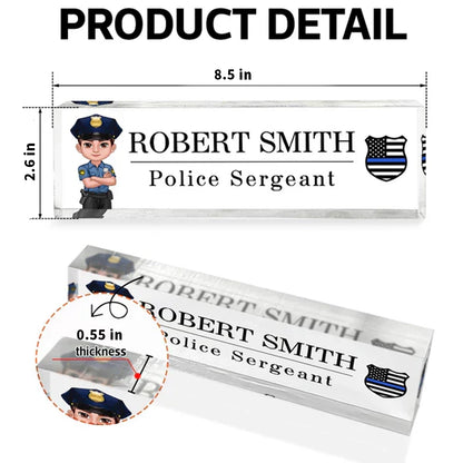 Personalized Acrylic Block Plaque, Cartoon Police Officer Desk Name Plate, Unique Gift for Officer