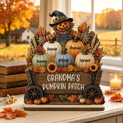 Personalized Wooden Plaque with Grandma's Pumpkin Patch Scarecrow, Rustic Fall Decor, Unique Gift for Grandma